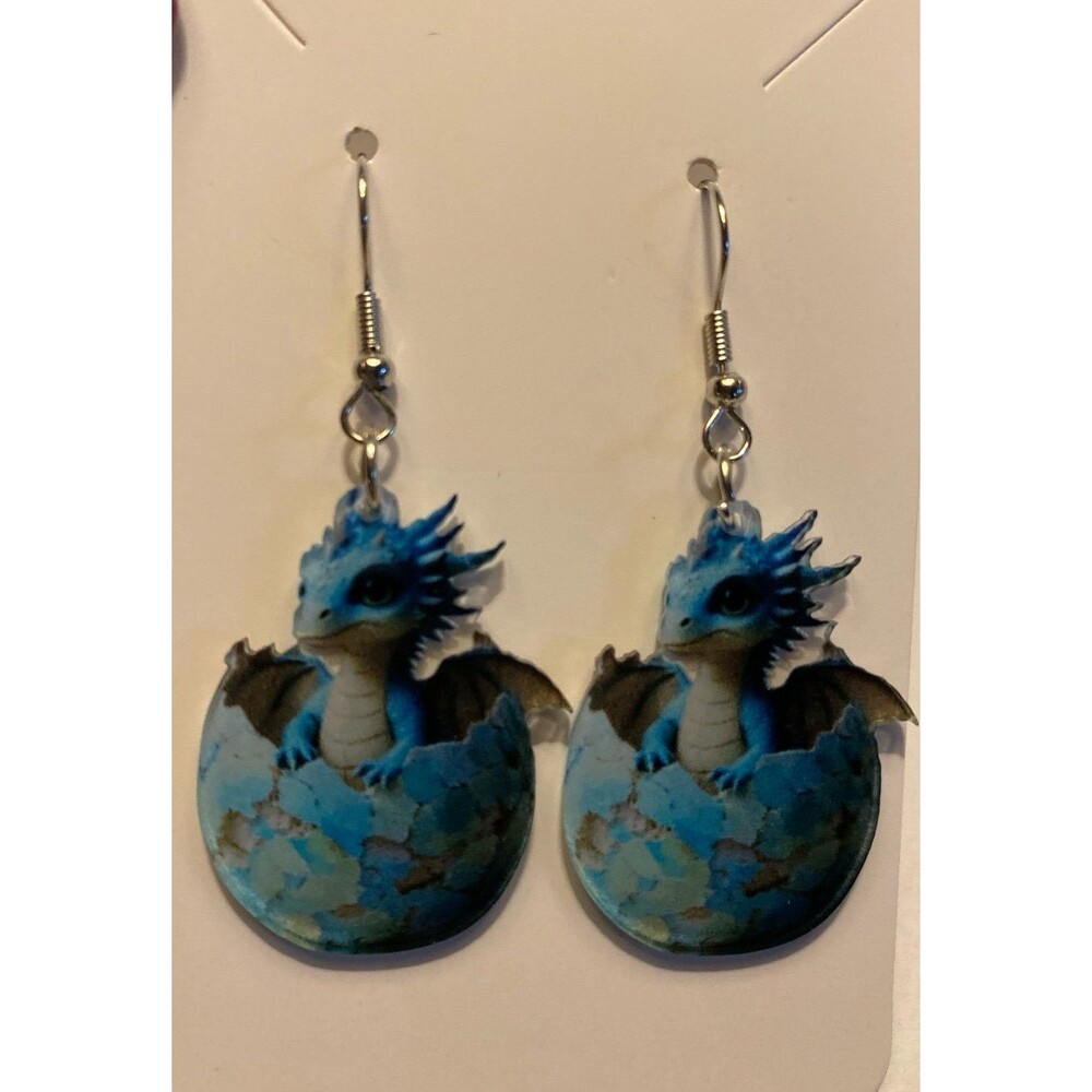 Blue Baby Dragon Hatching from Reptile Egg Earrings Dangle Quirky Whimsical